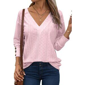 Women's Light Pink Long Sleeve Embroidered V Neck Shirt Buttons Casual